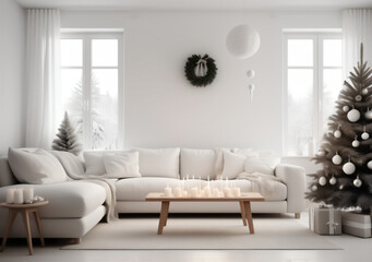 Stylish Christmas scandinavian minimalistic interior with white decor. Generative AI.	