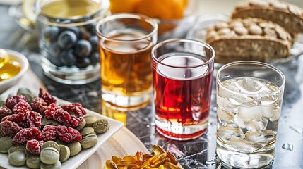 Creative shots of supplement-infused foods and beverages, such as vitamin-enriched water, protein bars, and nutrient-packed snacks.