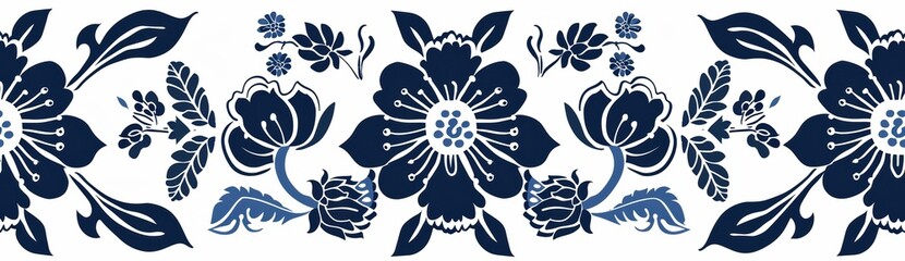 A blue and white floral border with a blue flower in the center