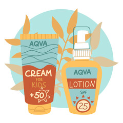 jar of sunscreen and lotion. Jars in a closed tube with a dispenser with tropical leaves. Cosmetics. Face and body care products. Several containers. A vector object in a flat style. Isolated object