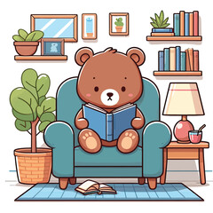  Bear is studying book in bedroom Adobe Illustrator Artwork