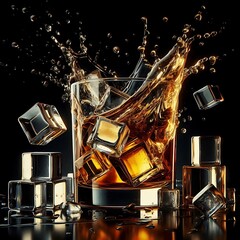 A glass of whisky splash with iced cubes on black background, graphic illustration image generative ai