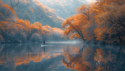 Naklejka premium Paddleboard yoga on lake, lush nature.