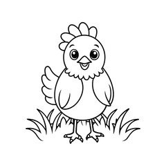 Cute chicken cartoon in the grass line art