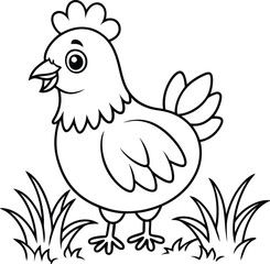 Cute chicken cartoon in the grass line art