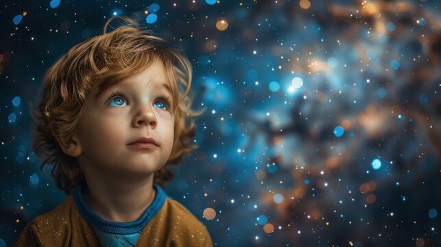 A young child in a space suit gazes into the cosmos, their eyes filled with wonder and curiosity. The magical, stardust-filled backdrop evokes dreams and imagination.