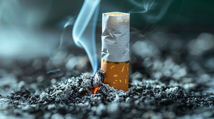 Detailed shot of cigarette ashes falling from a burning tip, with smoke trails in the background to emphasize tobacco use