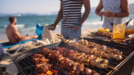 Grilled skewers and drinks are showcased on a smoky grill during a beach party, with people socializing in the background and the seaside providing a picturesque view.