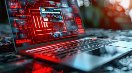 Cyber security concept with a laptop screen displaying red network data and alert messages, representing data protection and encryption.