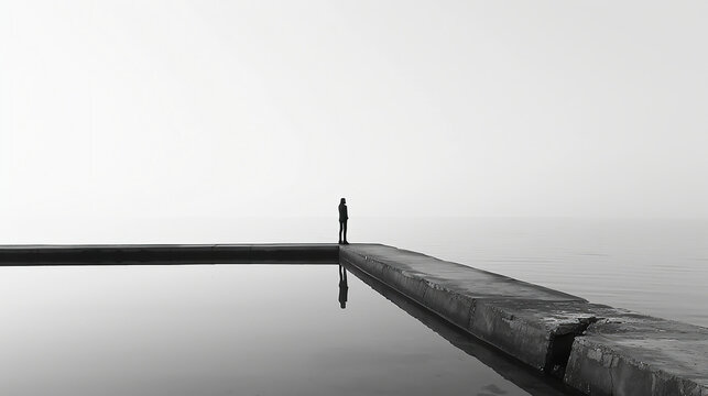 A Man Stands On The Edge Of An Empty Pool, Looking At The Sea In Foggy Weather. Minimalist Composition With Symmetrical Framing, Wide-angle Lens, In A Long-shot Style Of Black And White Photography.
