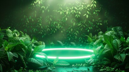 Fototapeta premium Mint neon light product background stage on fresh mint leaf floor with cooling glow spotlight, in refreshing style