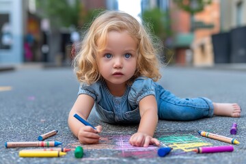 Toddler with big eyes drawing intently with sidewalk chalk, artistic and adorable