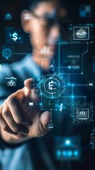 Businessman Using Laptop Pointing at Money Bag Icon, Financial Growth Charts, Budget and Financial Planning Concepts, Economic Status, Technology, Blue Business Background, AI-Generated High-Resolutio