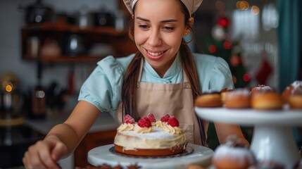 A woman wearing a blue blouse and apron is decorating a cake with frosting and raspberries in a warmly lit, festive kitchen setting with Christmas decorations.