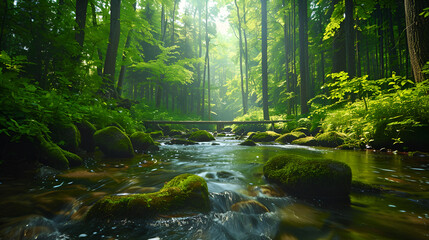 Pristine Forest Stream with Sunlight and Lush Greenery