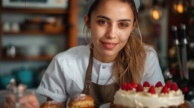 A female chef in a kitchen, smiling beside a delicious raspberry-topped dessert, showcasing her culinary skills; she's surrounded by pastries and kitchen tools in a cozy setting.