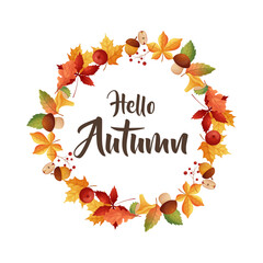 Hello Autumn. Autumn frame with leaves, mushrooms and harvest on white background.