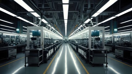 Fototapeta premium A modern factory floor with automated processes and efficient production lines, continuous improvement, planning