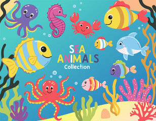 Obraz premium Fish and wild marine animals. Inhabitants of the sea, cute, funny underwater crabs, octopus, seahorse. Flat cartoon illustration. Underwater Scene with Sea Life