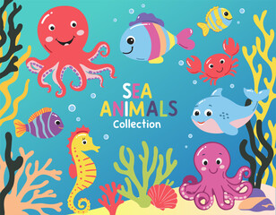 Inhabitants of the sea, cute, funny underwater crabs, octopus, seahorse. Fish and wild marine animals. Underwater scene with sea life. Flat cartoon illustration.