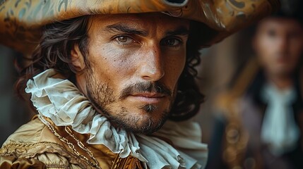 This image depicts a man in close-up wearing luxurious historical attire with a gold jacket and a ruffled shirt, reflecting nobility and charisma in his intense gaze.