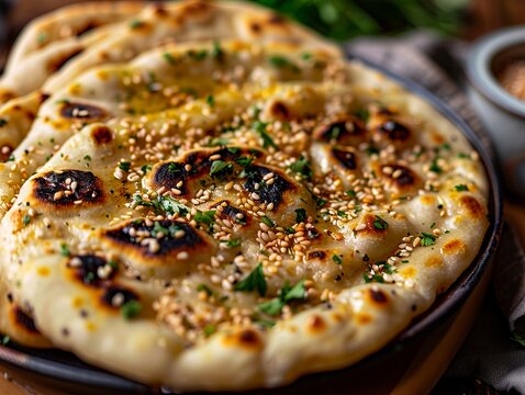A plate of flat bread with sesame seeds.