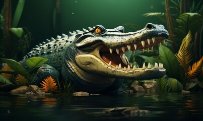 Obraz premium Crocodile with jaws wide open flat design side view wetland theme 3D render Splitcomplementary color scheme