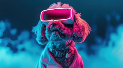 A vivid cyber-themed representation of a fashionable dog wearing VR glasses, bathed in striking neon lights, effectively blending the realms of reality and virtuality.