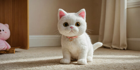 A white cat wearing a pink collar sits on a carpeted floor looking toward the camera, with a pink plush toy near a wooden piece of furniture to the left