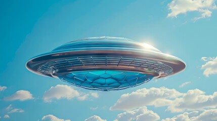 A spaceship flying in the sky with clouds.