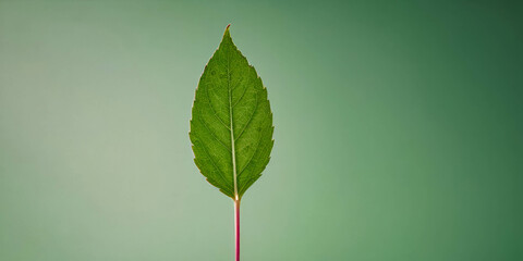 A single green leaf with a red stem stands out against a soft green background