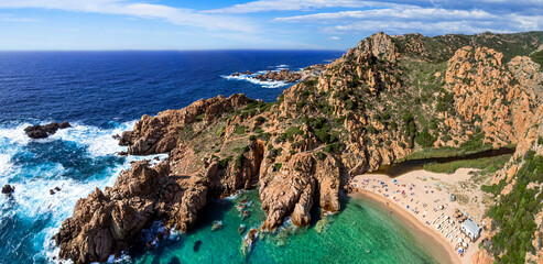 Most beautiful beaches of Saerdegna island , northern part, Costa Paradiso - Cala li Cossi beach. aerial drone panoramic view © Freesurf