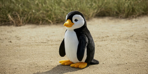 A small black and white plush penguin toy stands on a sandy beach with green grass in the background