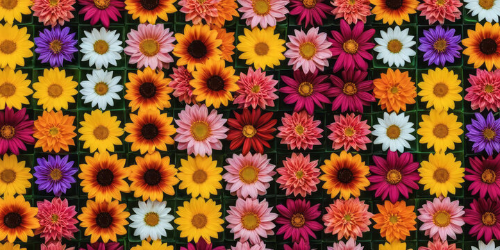 A close-up shot of a grid of colorful flowers - Powered by Adobe