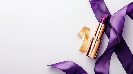 Top view of purple ribbon and golden lipstick on white background