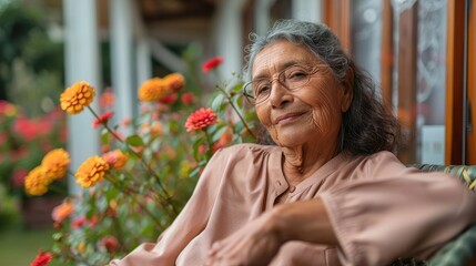 An elderly woman with glasses relaxes and smiles in a garden with vibrant flowers and greenery. Her expression exudes peace and contentment, enjoying a serene moment.
