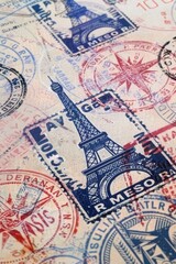 A close-up of a passport with exotic destination stamps Illustration on a clear white background 