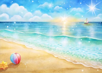 Obraz premium Sunny Beach Seascape Sparkling Watercolor Illustration