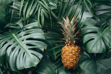 Fototapeta premium A close-up shot of a ripe pineapple surrounded by tropical foliage. 