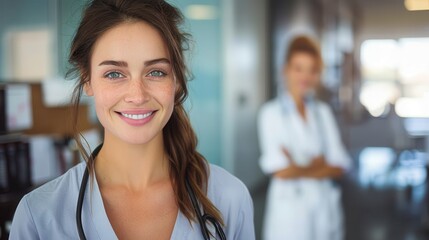 A smiling female doctor in a busy hospital setting, wearing a white coat and stethoscope, radiates confidence and readiness to provide excellent medical care to her patients.