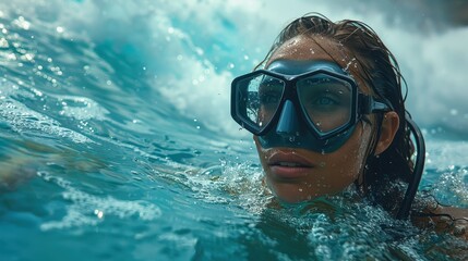 Naklejka premium An individual is seen swimming through the clear blue ocean waters with gentle waves, capturing the essence of summer, adventure, and the peacefulness of the aquatic world.