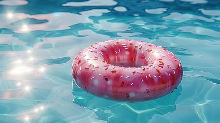 A vibrant pink donut-shaped float with delightful sprinkles floats on clear, shimmering blue water of a swimming pool, symbolizing summer leisure and fun in the sun.
