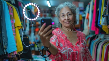 Obraz premium Elderly woman in red taking a selfie with a smartphone, smiling inside a colorful clothing store, showcasing a LED ring light and various outfits and textiles.