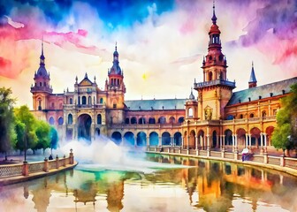 Fototapeta premium Historic Waterfront Architecture Sunset Reflection Vibrant Colors Artistic Sky