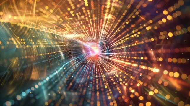 A mesmerizing light installation where beams of light dance along strings symbolizing the underlying energy and vibrations of the universe according to superstring theory.