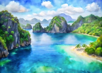 Tropical Paradise Island Beach Lagoon Scenic View Watercolor