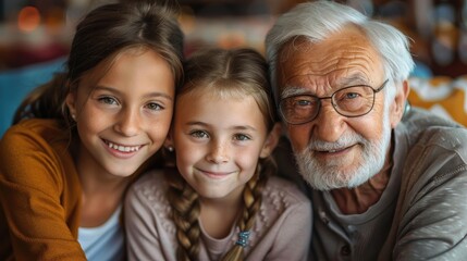 An elderly man with white hair and glasses joyfully embracing his smiling granddaughters in a warm and inviting home setting, capturing the essence of familial love.