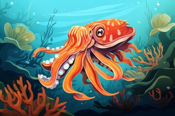 Fototapeta premium Cuttlefish camouflaging with its surroundings flat design top view ocean theme cartoon drawing vivid