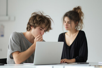 A young man and woman are engaged in a discussion while seated near a laptop, in a light and simple indoor setting signifying collaboration and modern-day challenges.
