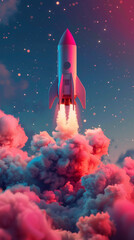 Obraz premium Rocket taking off, gradient background